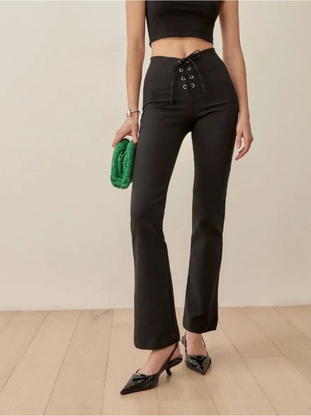 REFORMATION Len Lace Up Flare Pants in Black S